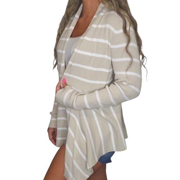 Tan Striped Cardigan Womens 1X High Low Knit Ribbed White Beige Boho Bohemian - Picture 2 of 13